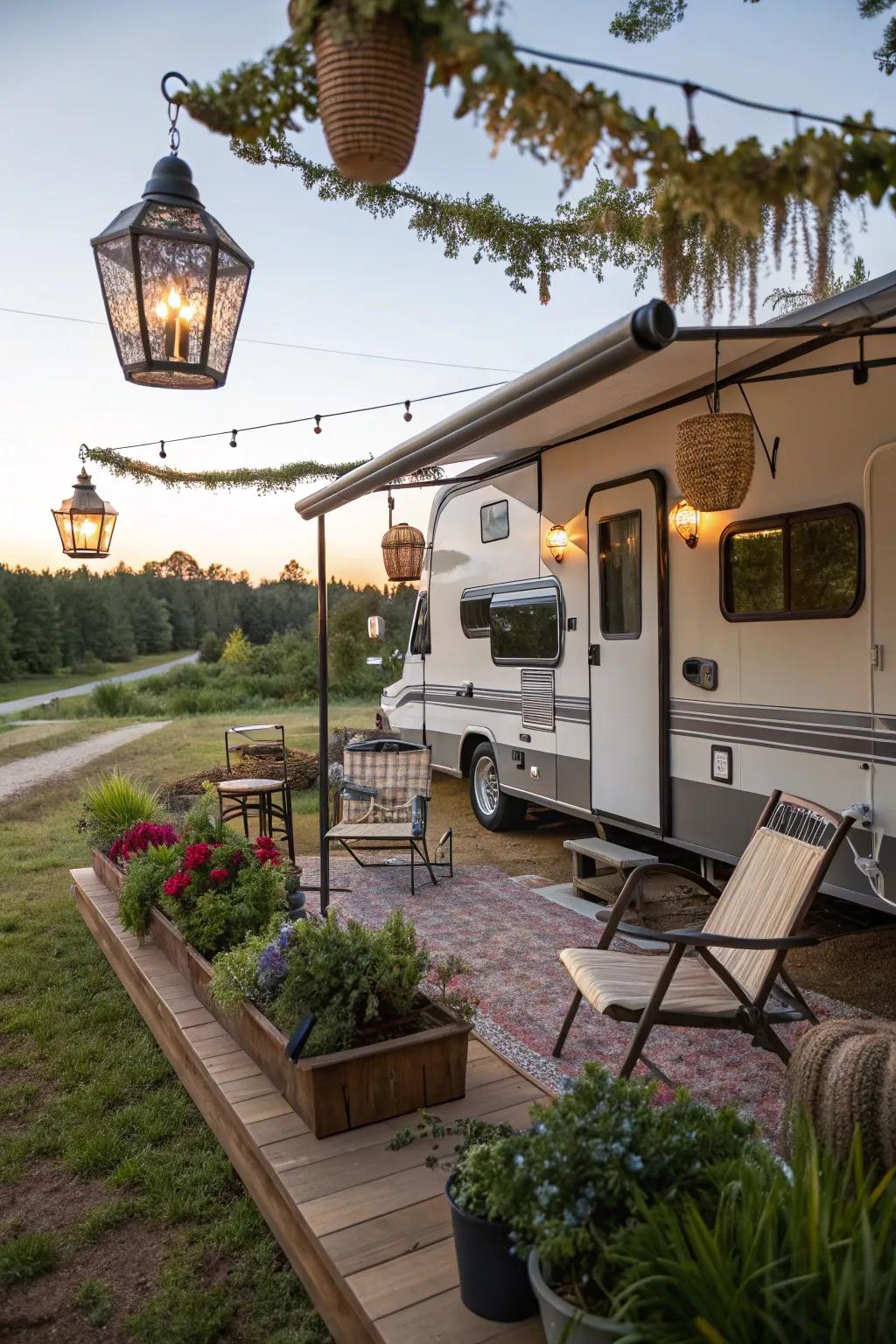 A well-decorated outdoor area expands your living space, making your RV experience even more enjoyable.