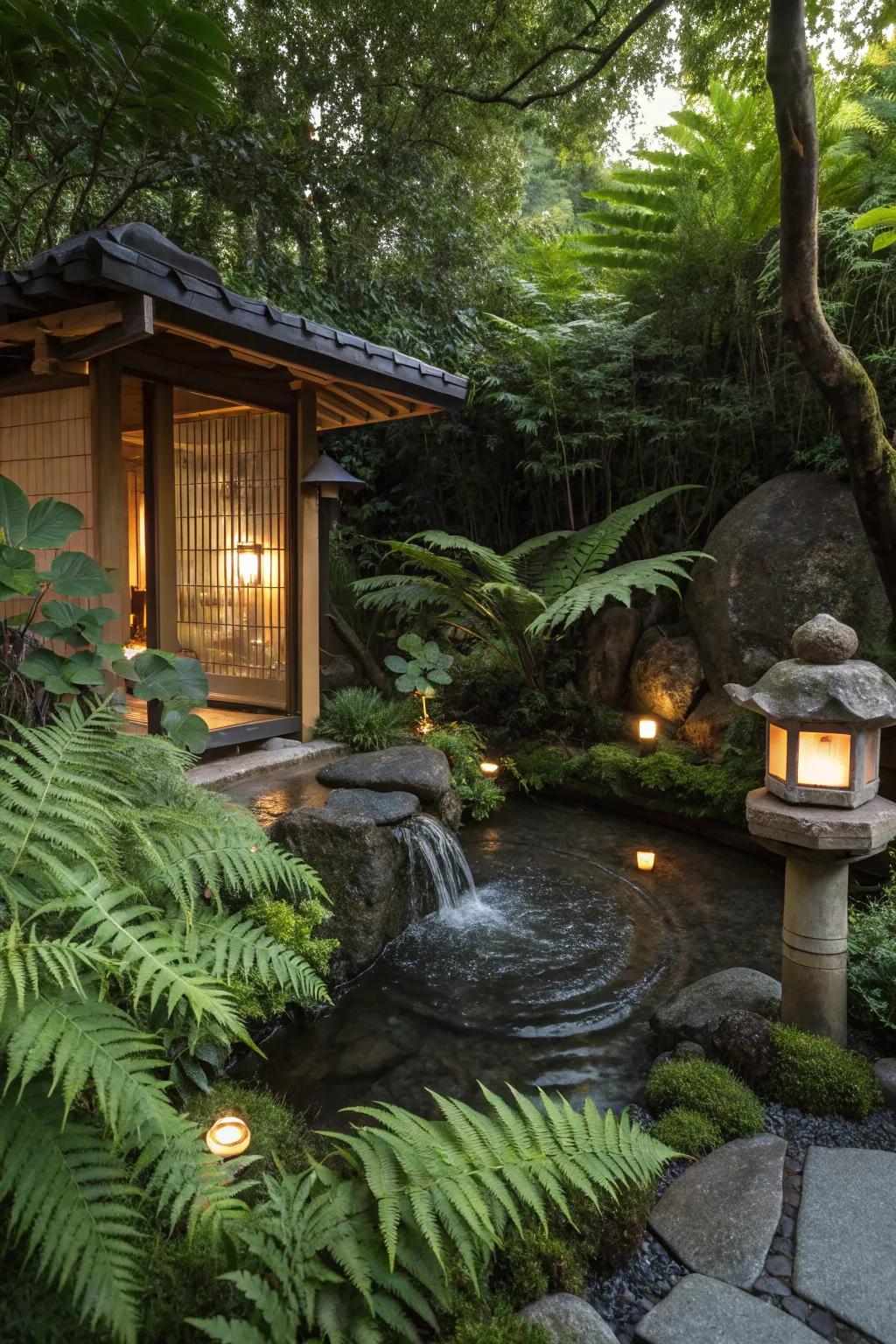 A contemplation alcove featuring pacifying plants delivers a serene expanse for relaxation.