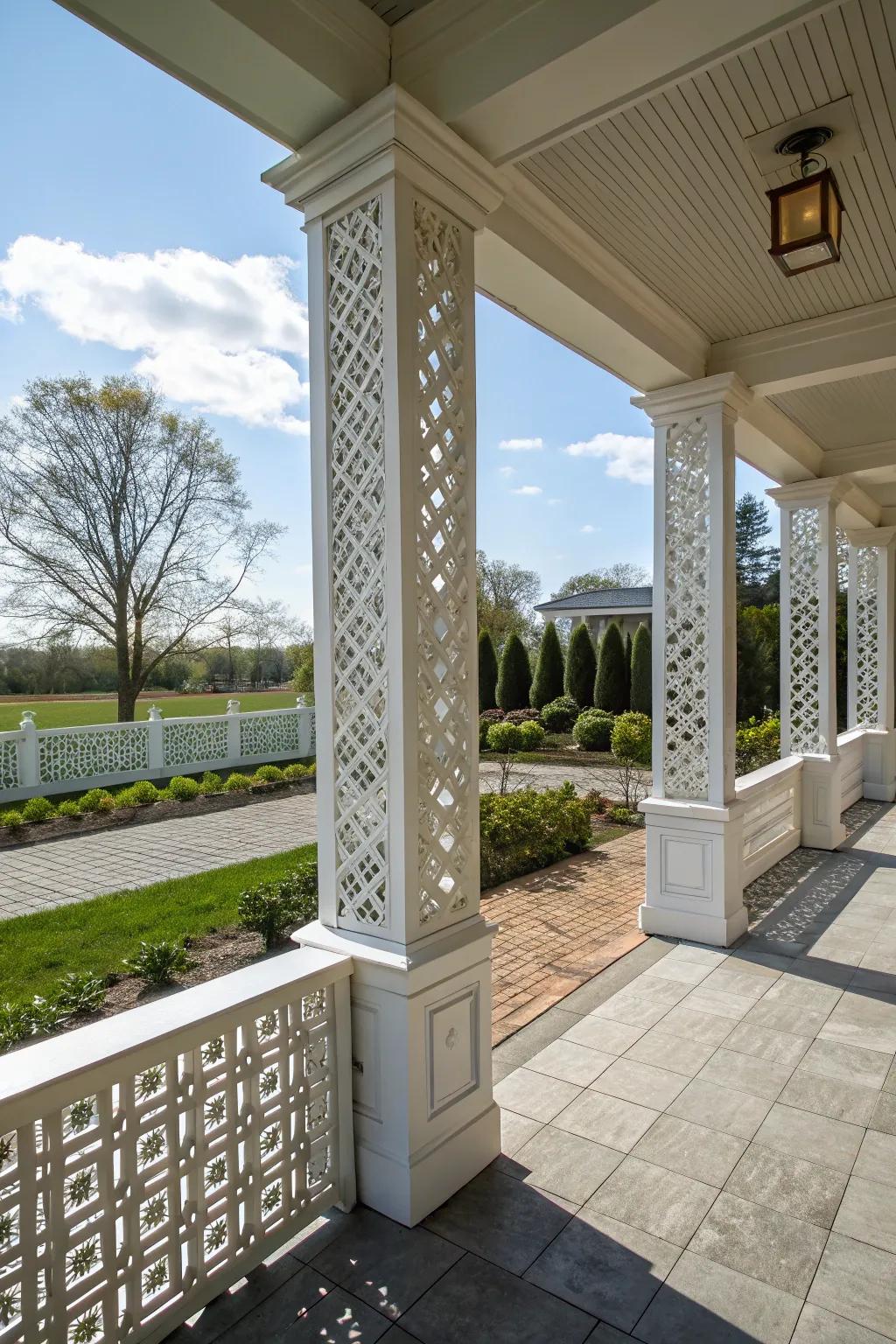 Mesh designs on upright posts add intricate elegance.