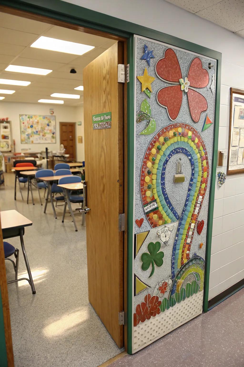 A mosaic of lucky emblems crafted from reclaimed materials on a classroom entrance.