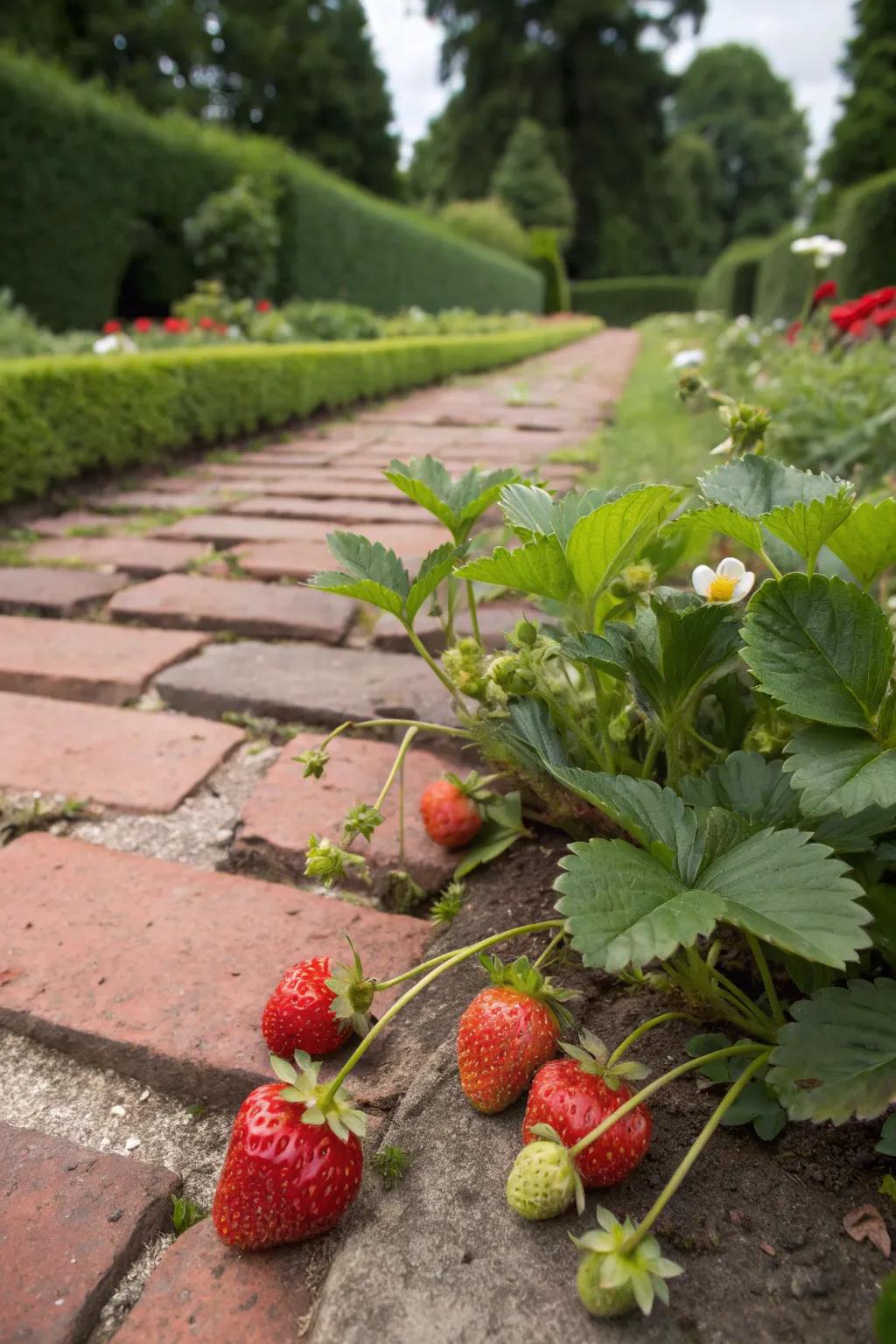 Strawberries flourish in the openings between bricks.