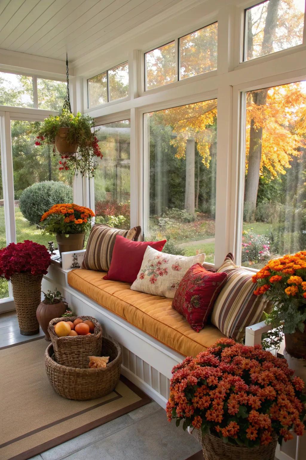 Seasonal adornments maintain the sunroom's freshness and adaptability.