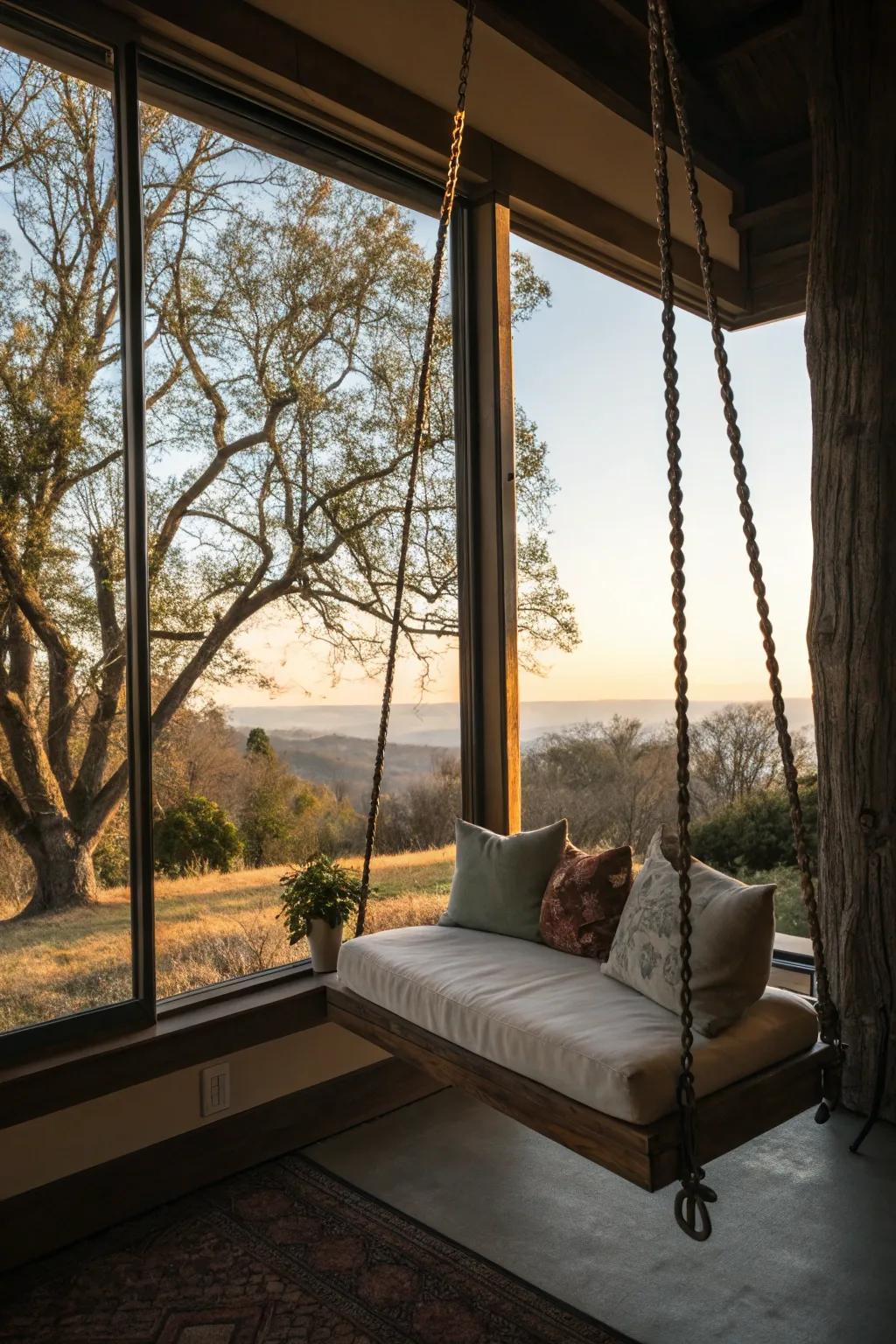 A swing by the window offers a serene spot to enjoy the view.