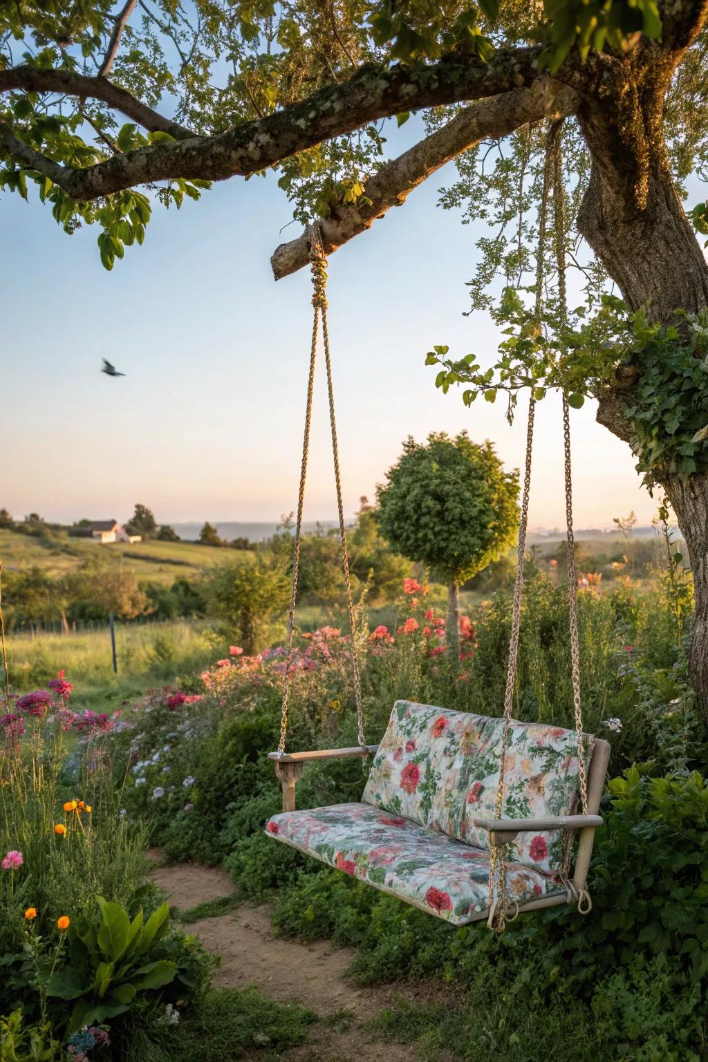 A swing fashioned from recycled materials showcases eco-conscious ingenuity.