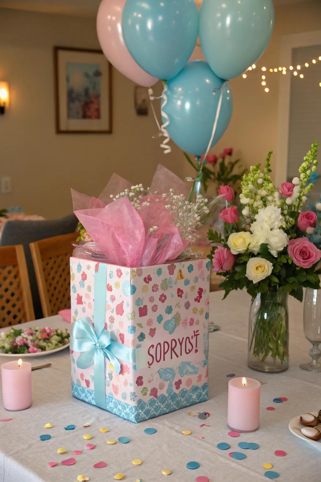 A surprise container serves as an exciting centerpiece, perfect for keeping the suspense alive.
