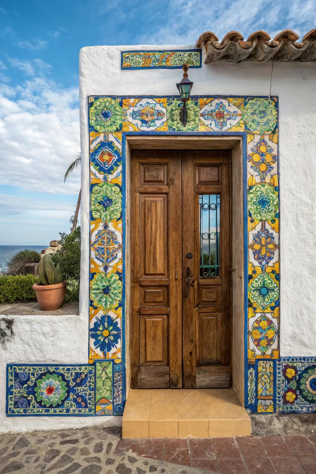 Welcome visitors with a dynamically framed Majolica mosaic door.