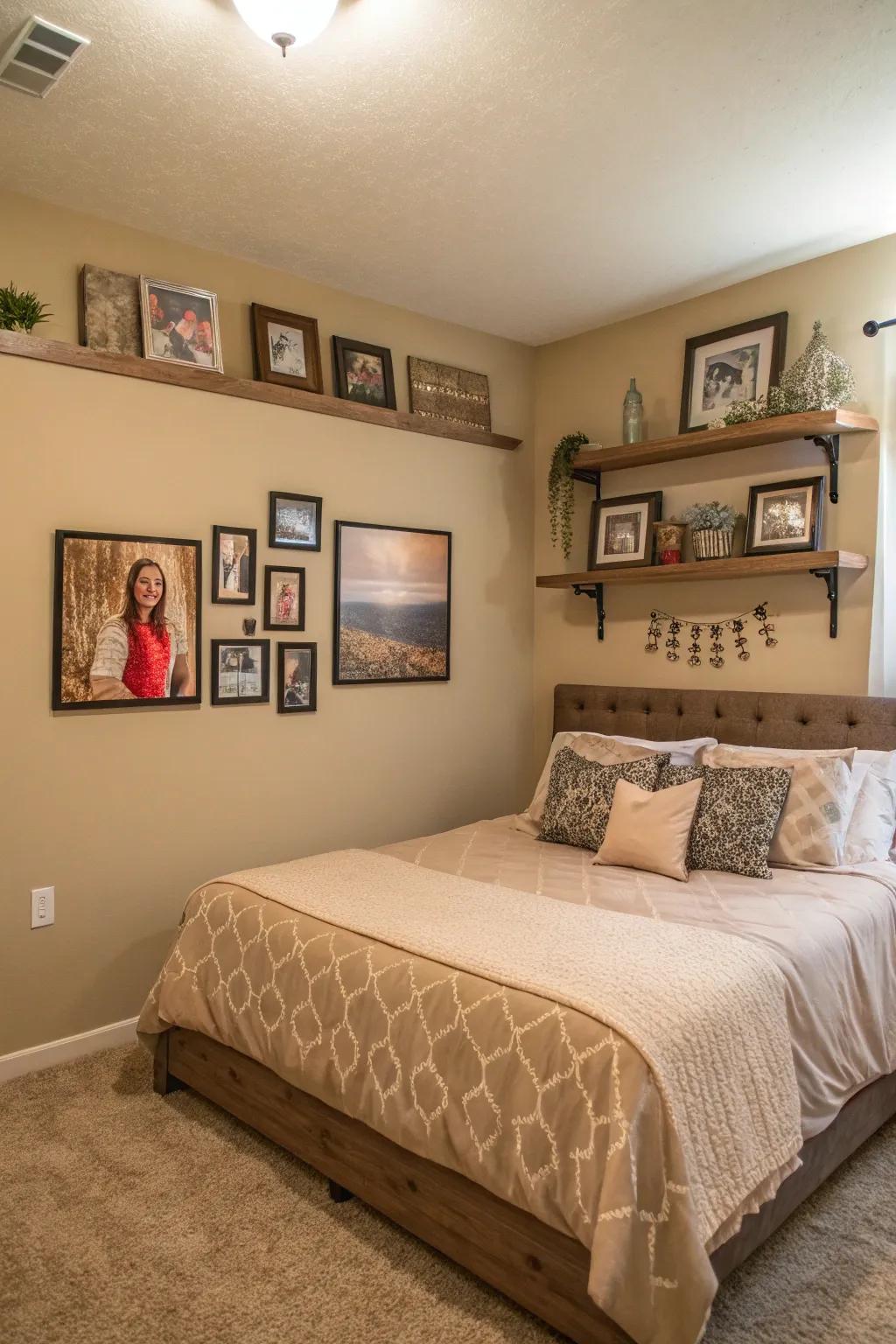 The tan bedroom feels particularly unique to you because of the customized design aspects.