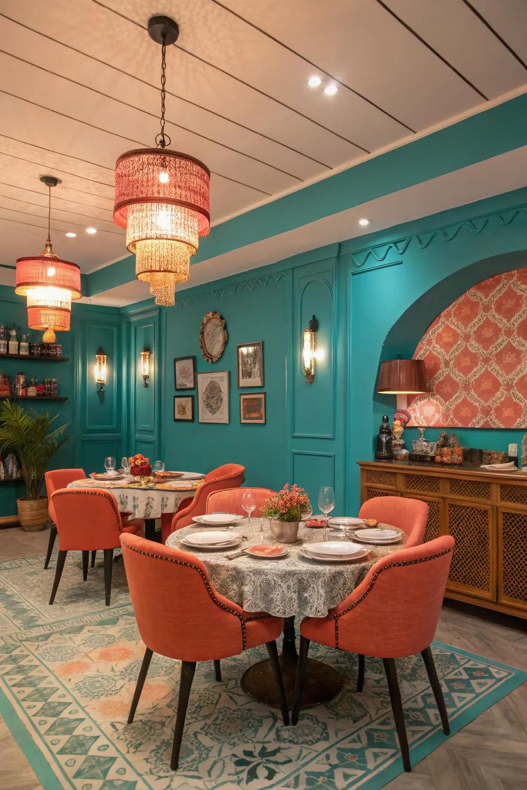 Azure and coral create a vibrant, playful dining room