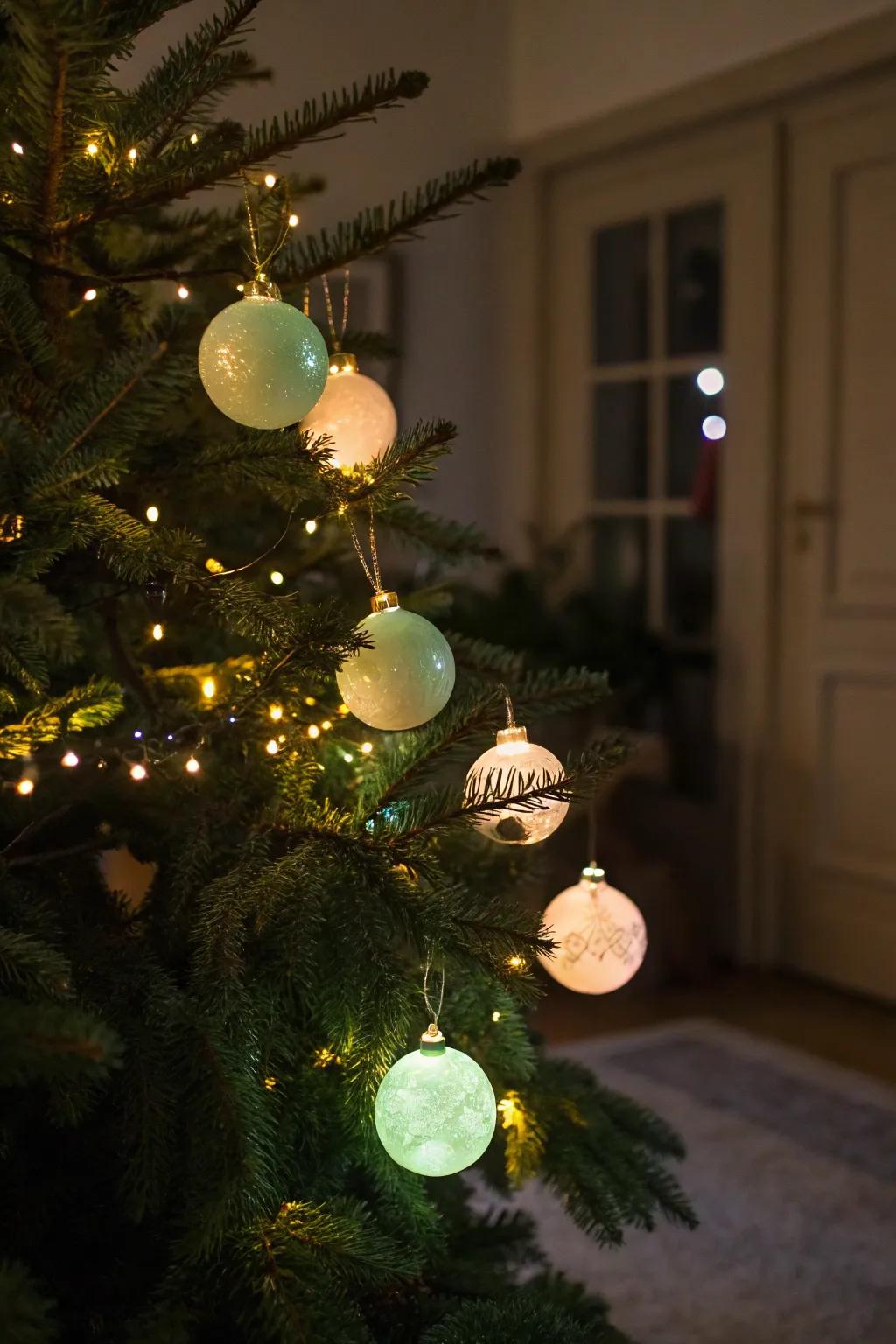 Glow-in-the-dark decorations bring a magical touch to the fir.