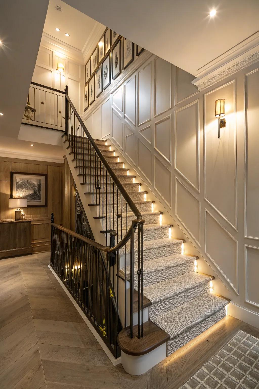 A staircase made a standout feature with shiplap panels.