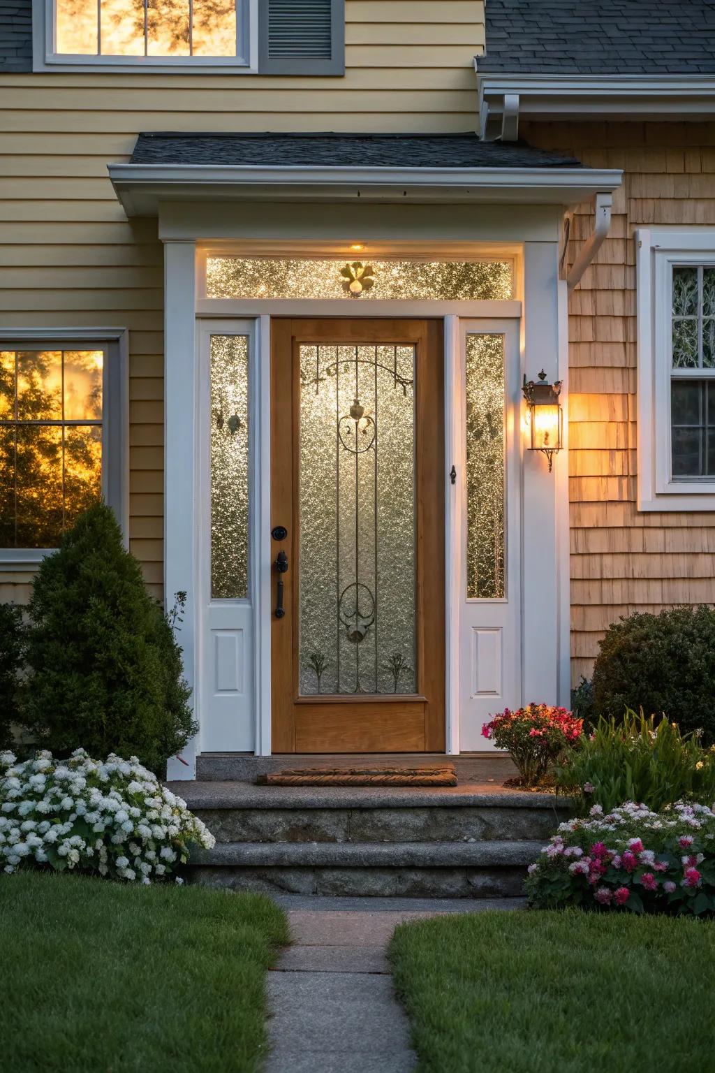 Carved glass panels offer privacy and artistic flair.