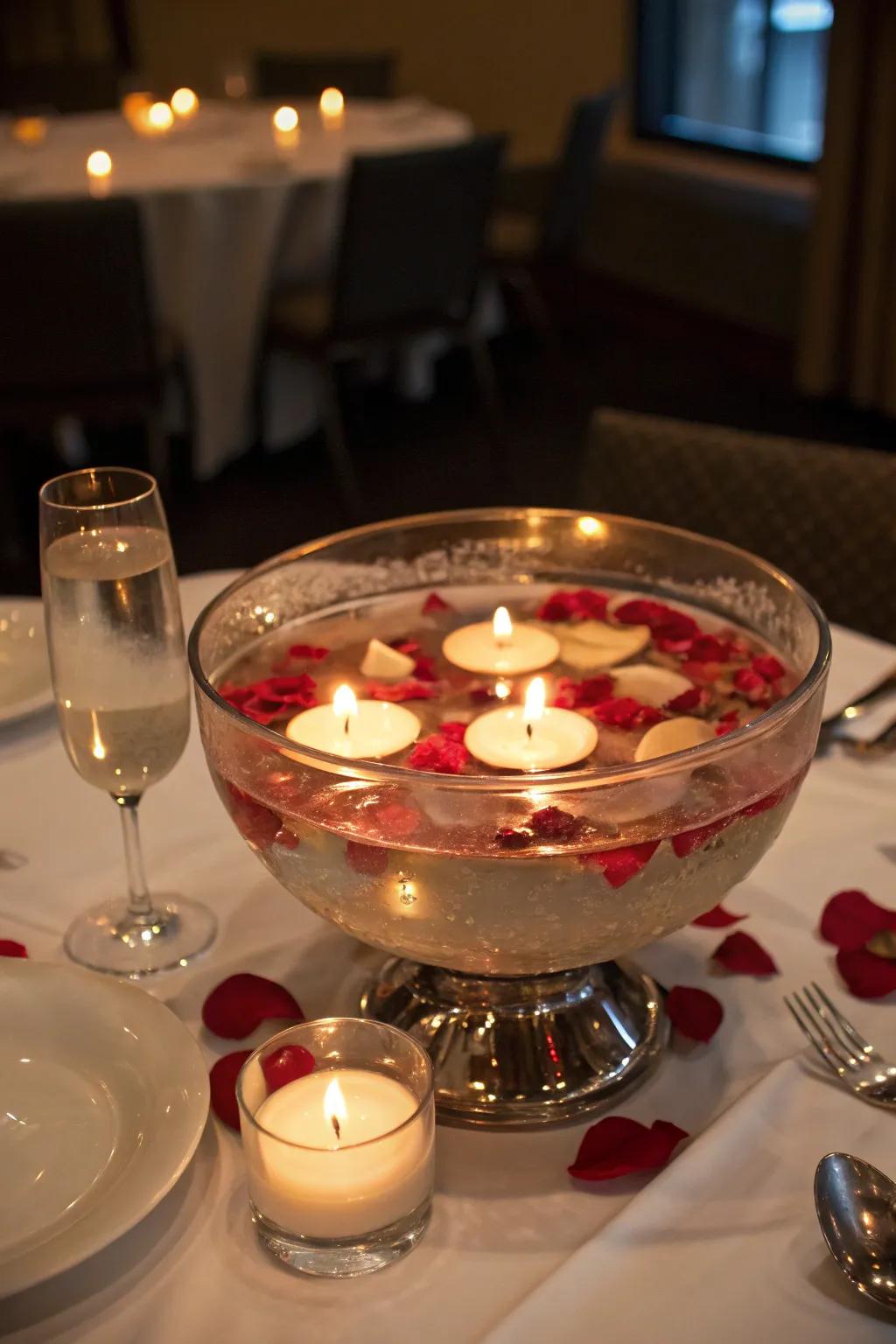 A presentation bowl offering a serene and romantic floating candle display.