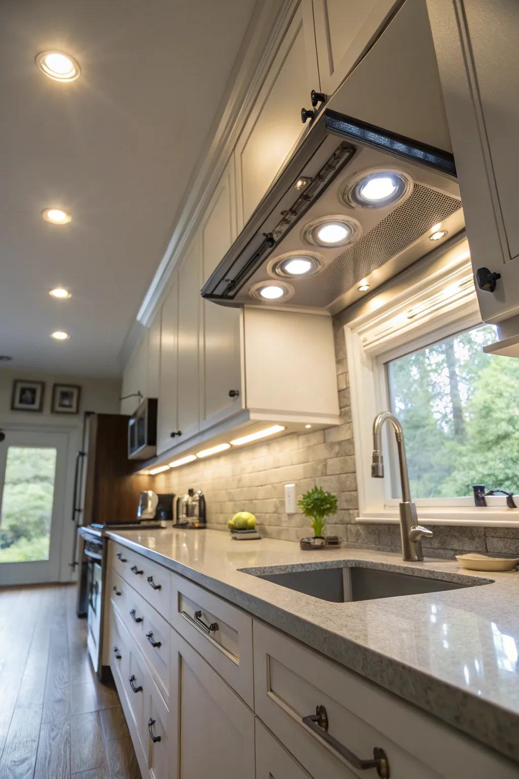 Magnetic lights support simple tweaking and trial during kitchen illumination.
