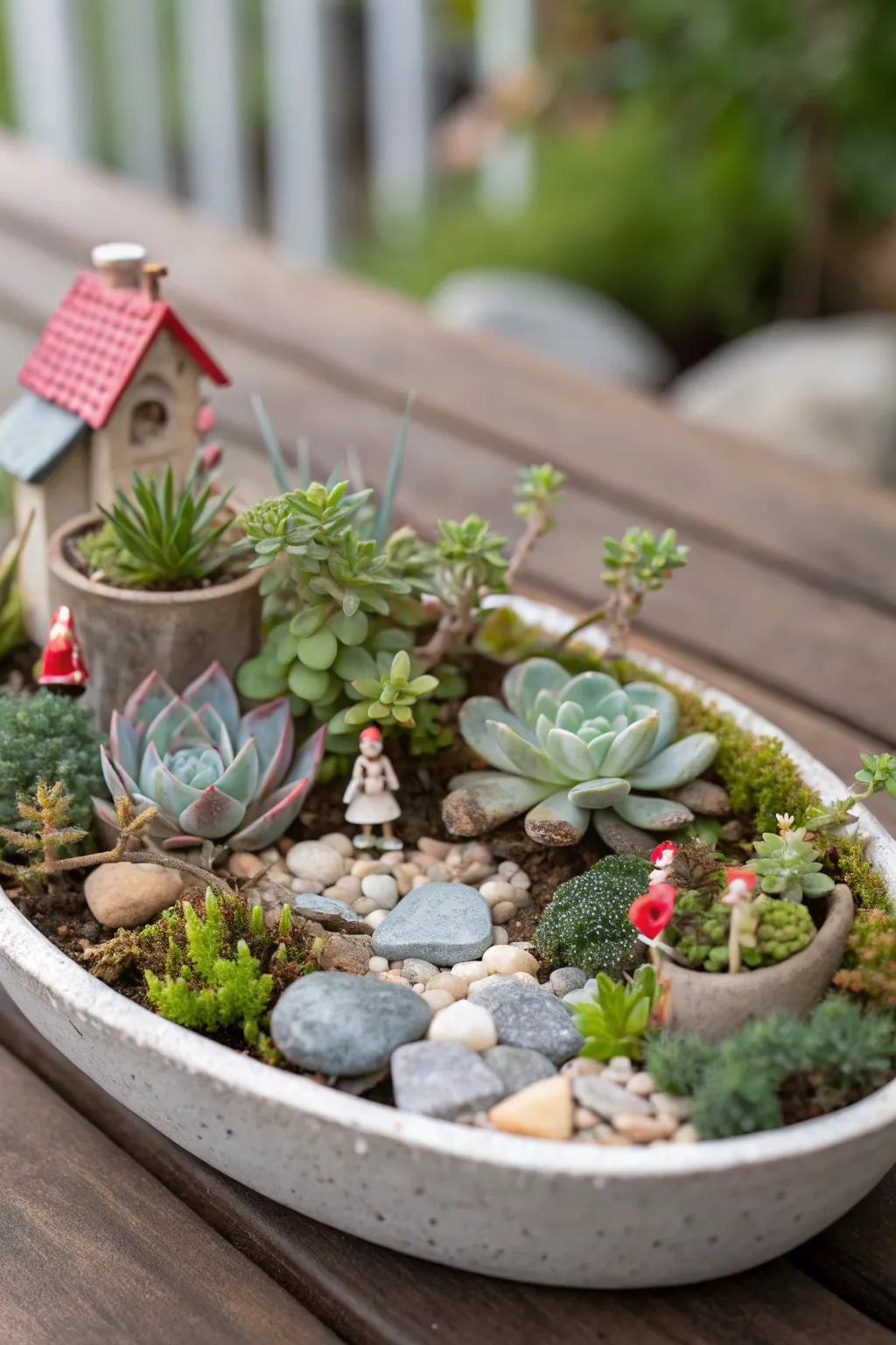 A whimsical miniature garden crafted with succulents and petite figurines.