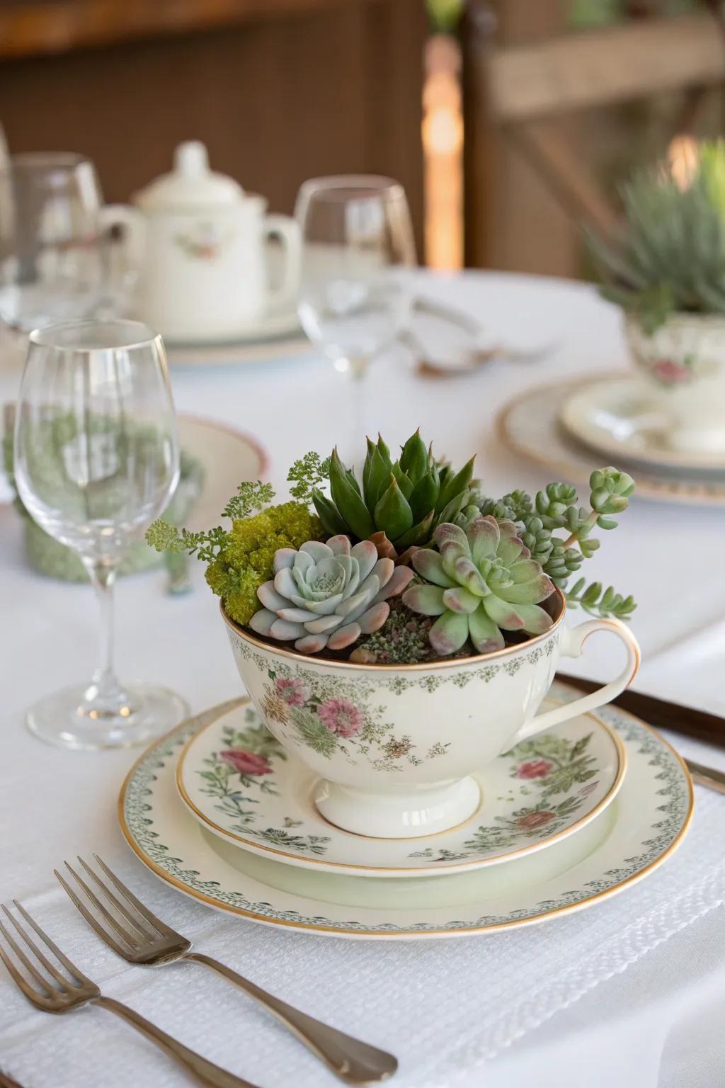 Retro teacups filled with succulents offer nostalgic charm.