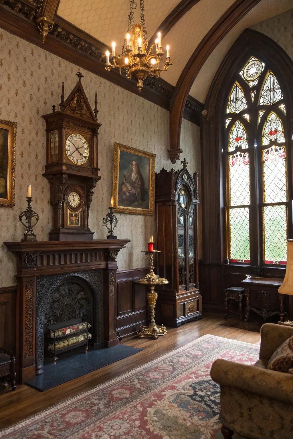 Vintage decor details add old-world charm.