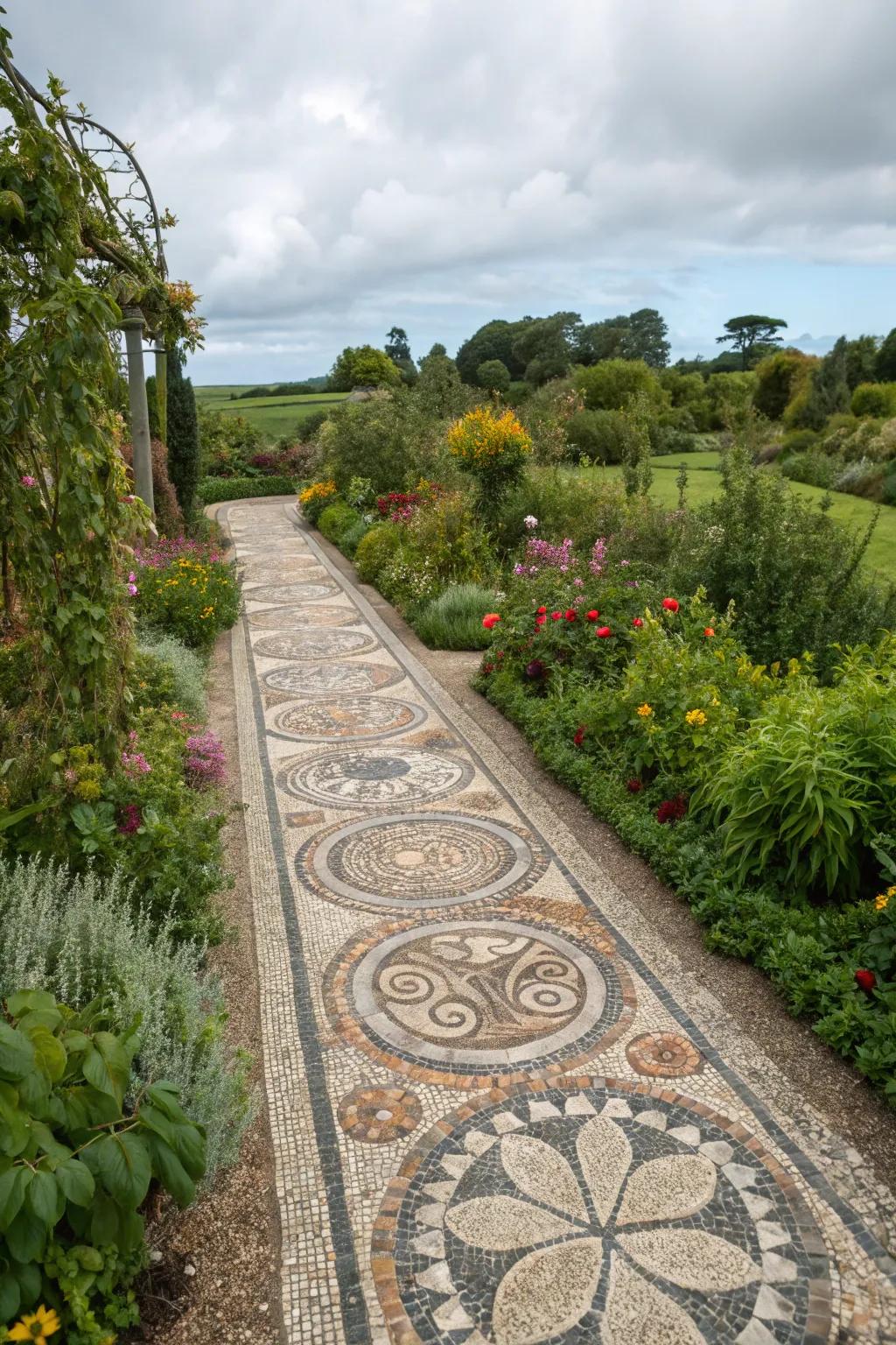 Stone mosaic routes turn gardens into art.