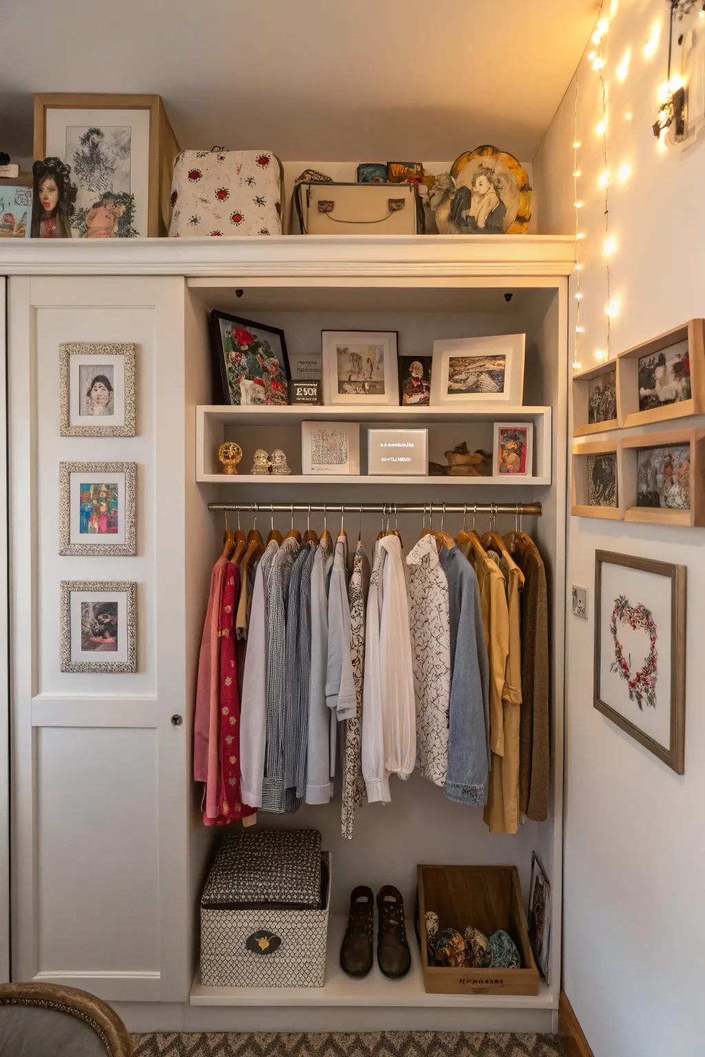 Artwork adds a personal and aesthetic touch to wardrobe areas.
