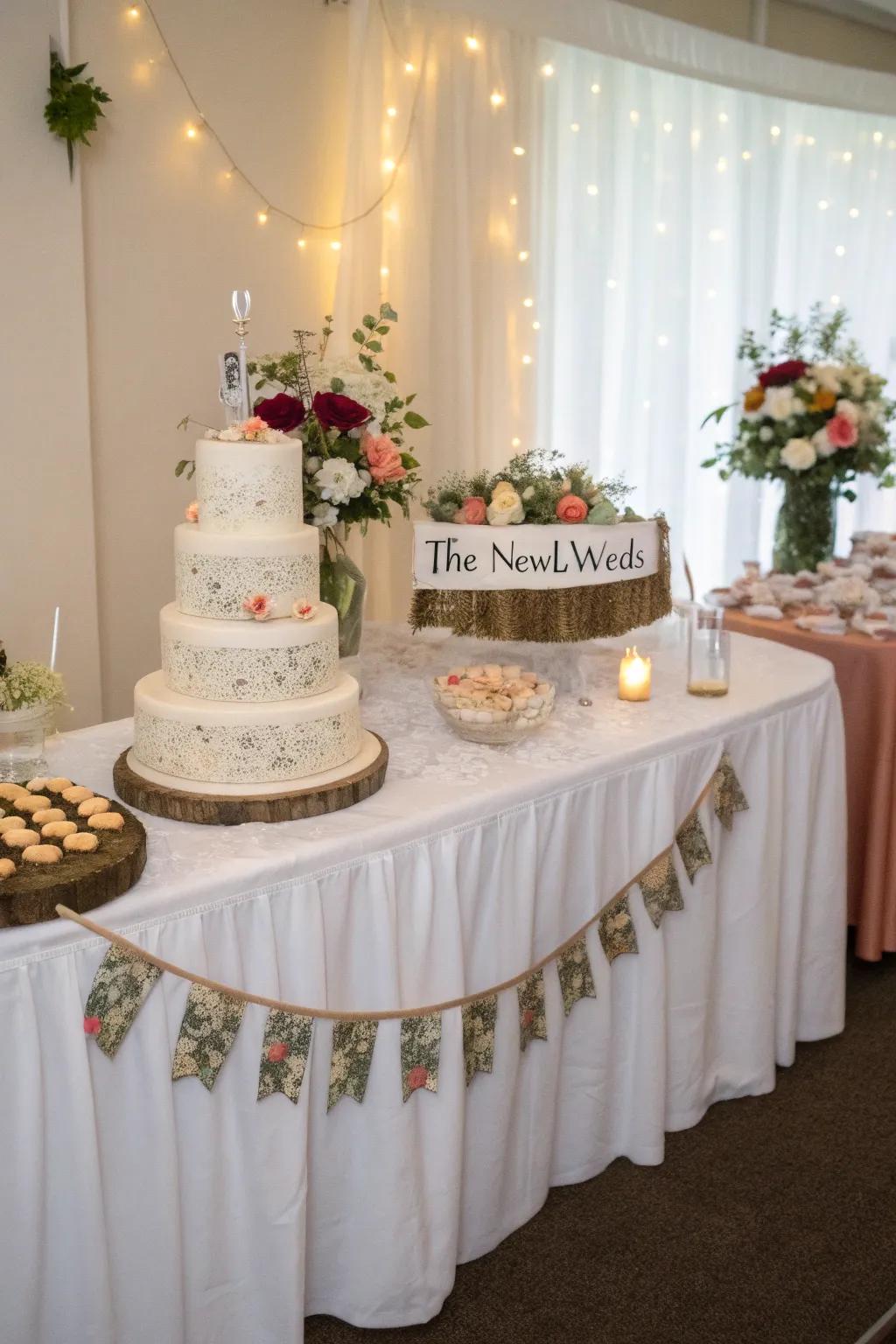 A personalized streamer adding charm to the wedding cake display.
