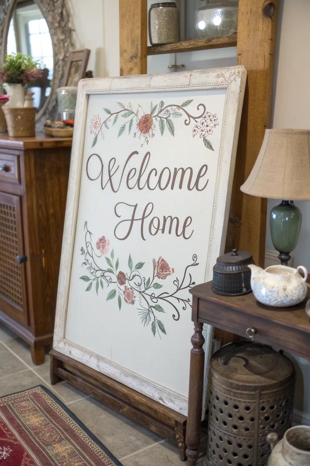 A timeless classic style welcome displayed on a board.