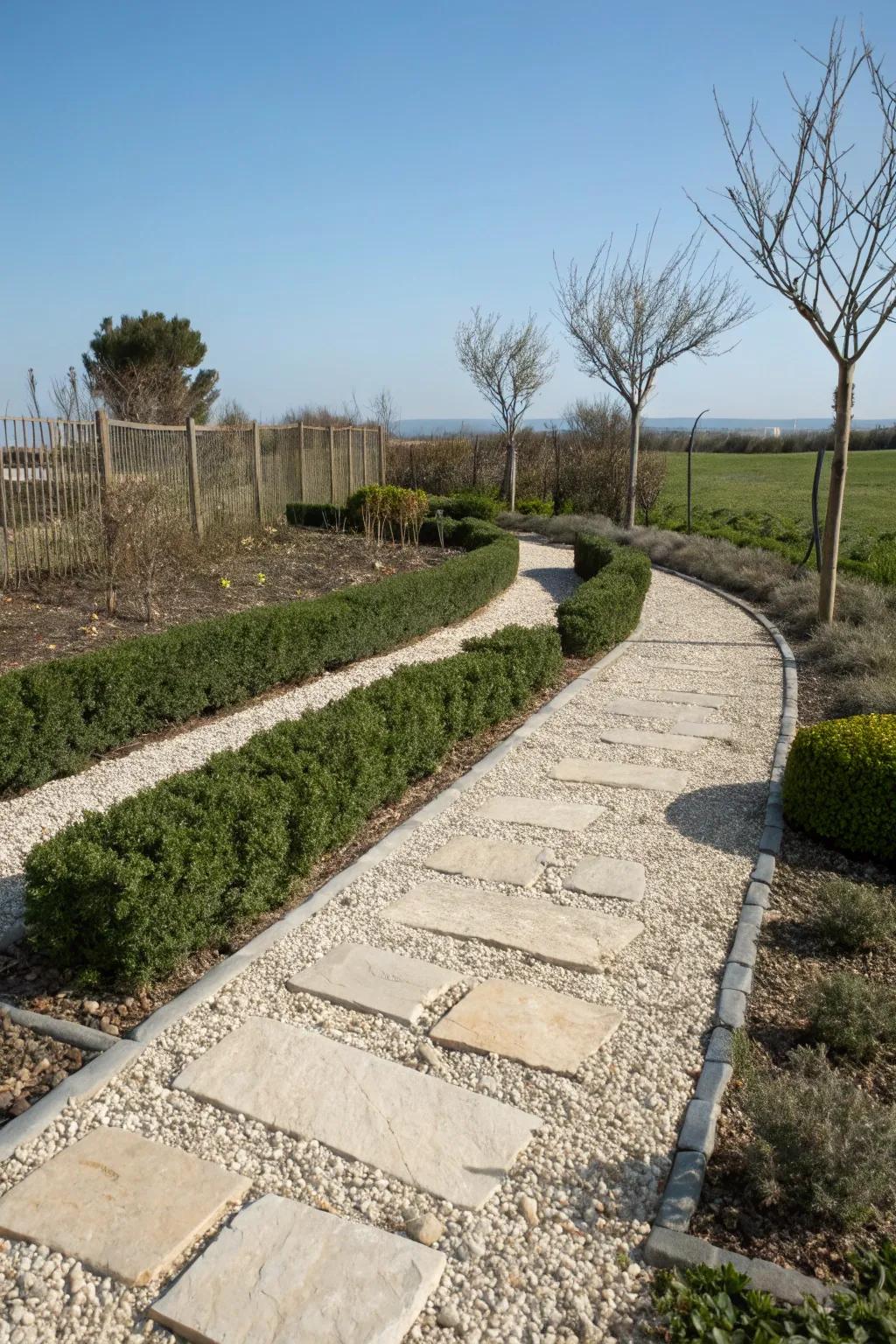 Small stone chips offer a refined and minimalist option for flagstone paths.
