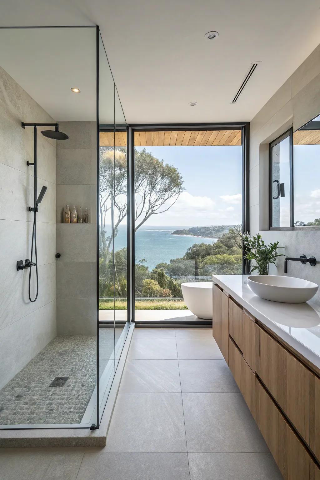 Frameless windows deliver a seamless and open layout in the shower area.