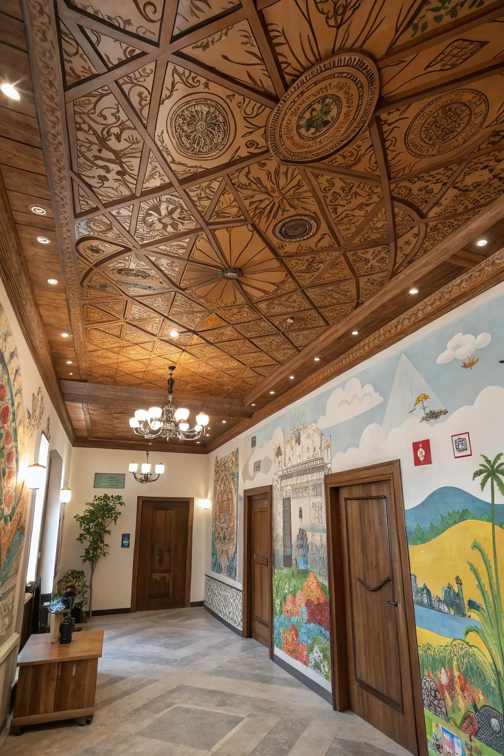Wood ceiling paintings turn ceilings into art.
