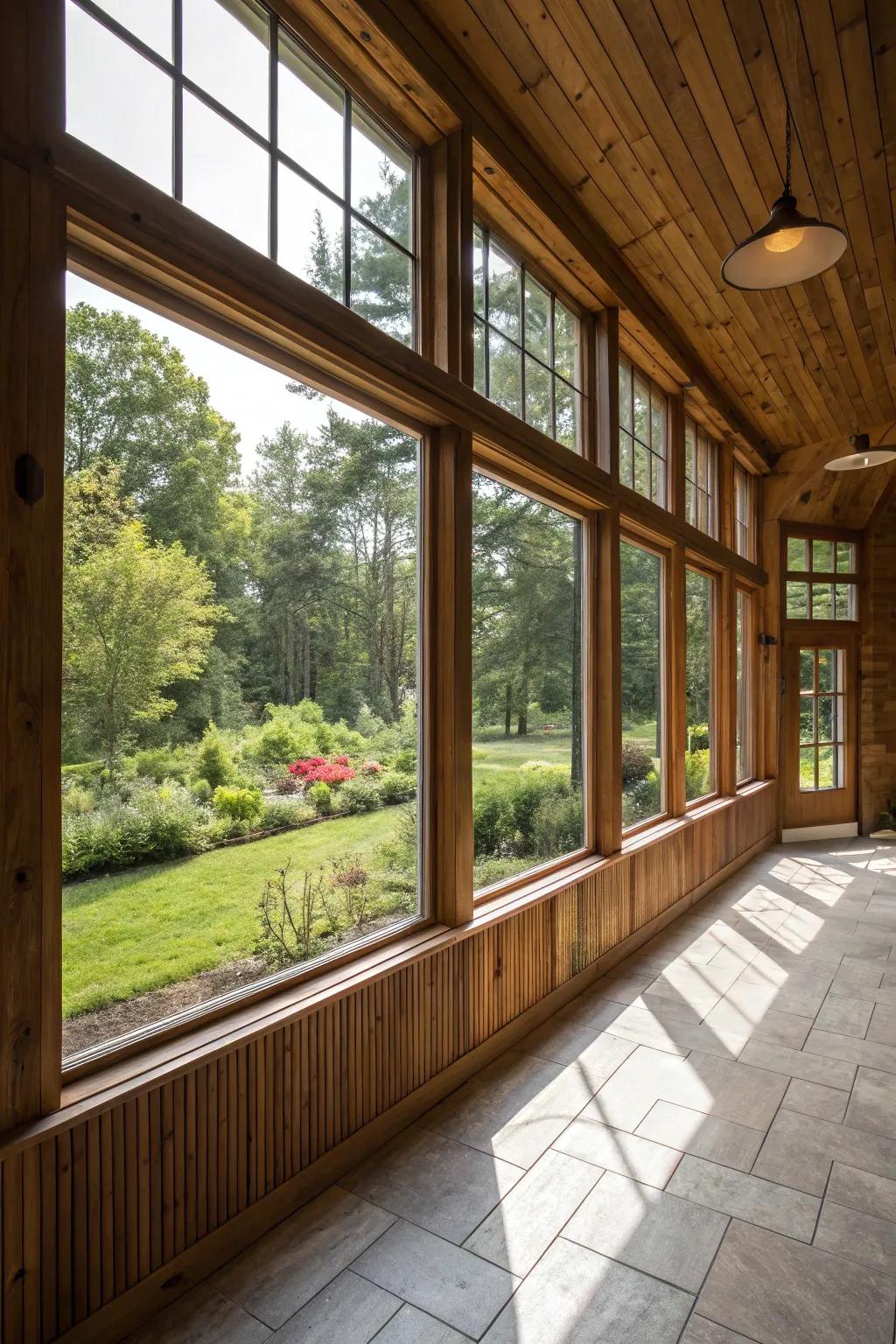 Wood paneling creates a seamless transition between indoor and outdoor spaces.