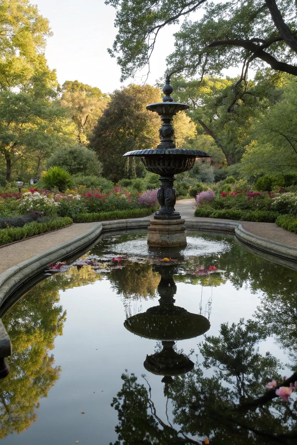 A reflective pool fountain providing a mirror-like surface in the garden.
