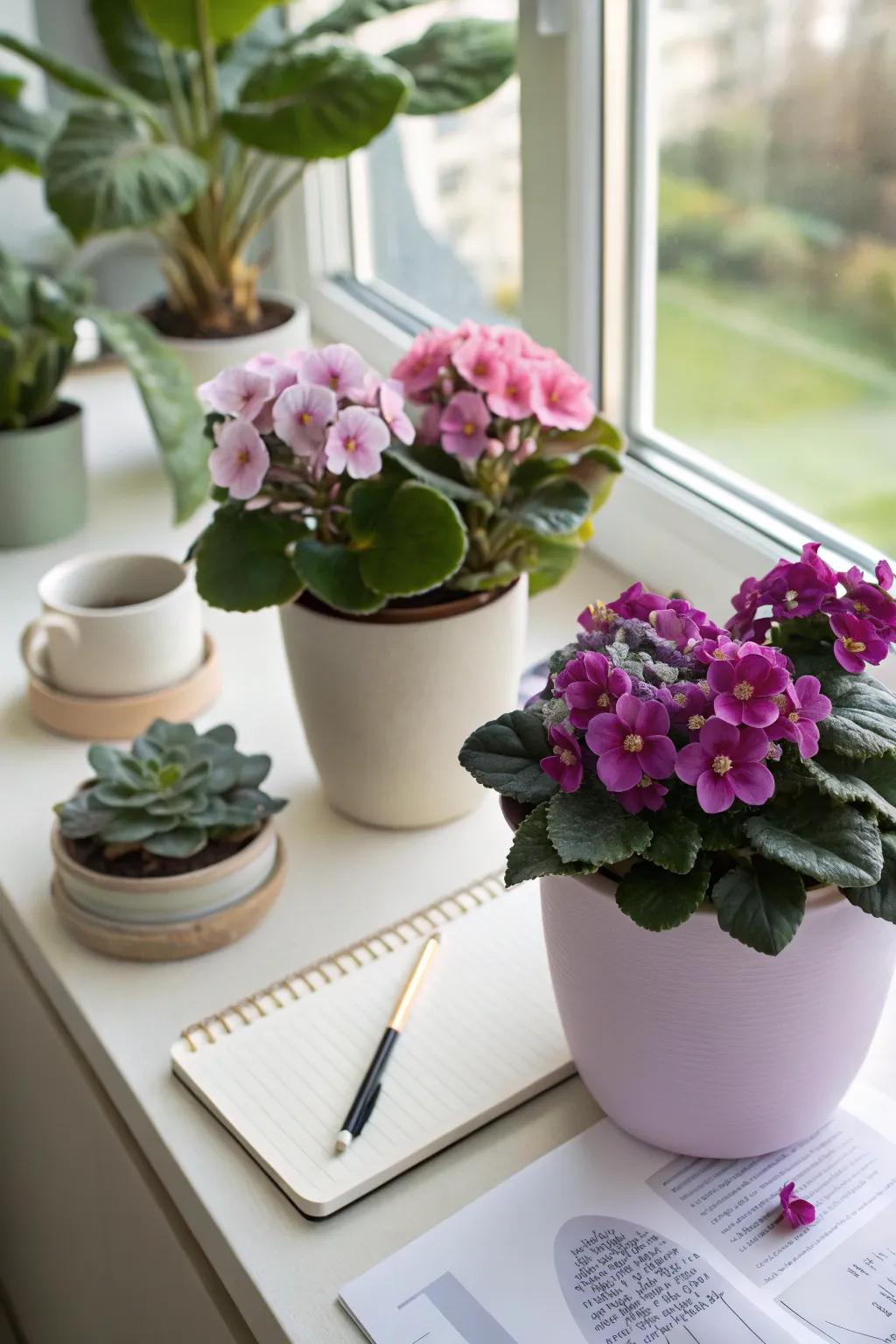 With African violets, which provide a continuous floral display right on your desk, you may brighten up your office.