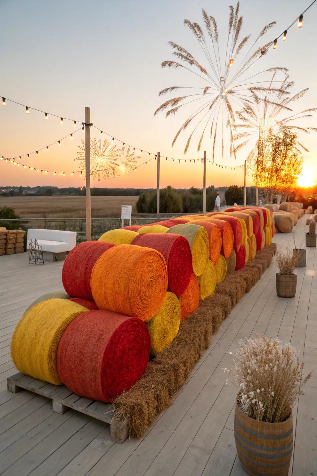 Commemorate ingenuity through hay bales that erupt with hues and exhilaration, akin to a pyrotechnic exhibition.