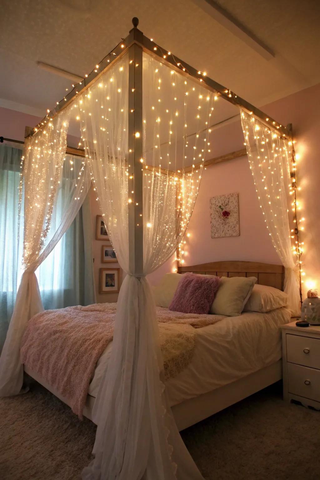 Delicate string lights enhancing the coziness and charm of a canopy bed.