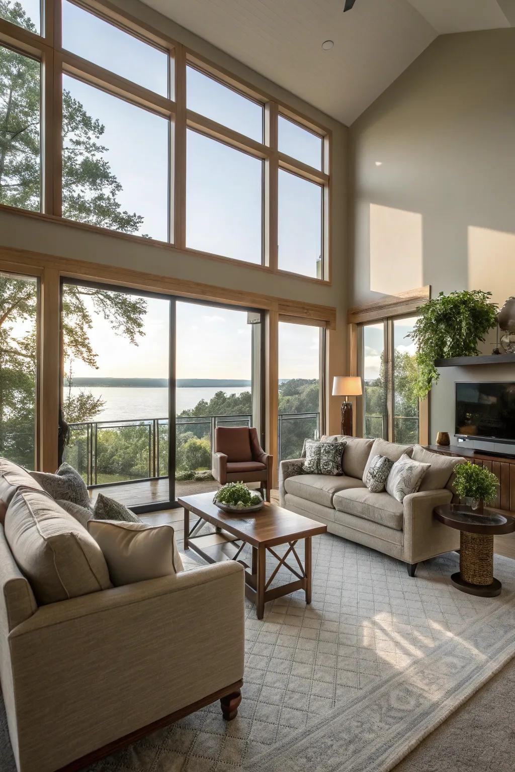 Daylight and expansive windows fashion an airy and open atmosphere.