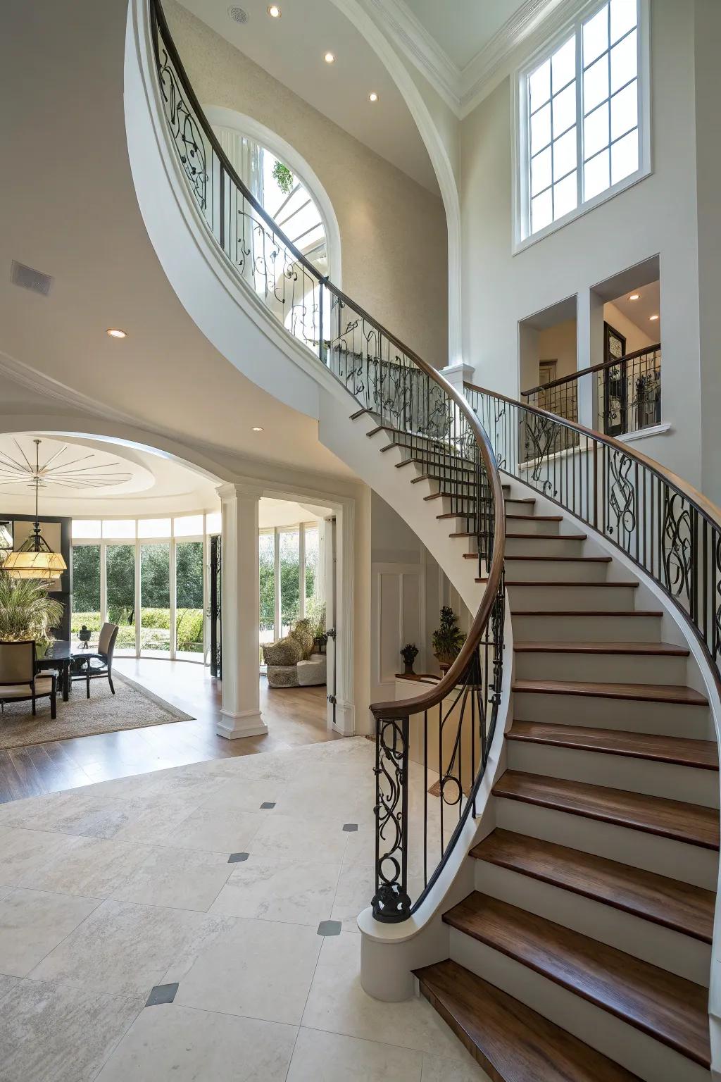 An impressive staircase design accentuates the architectural charm of the entryway.