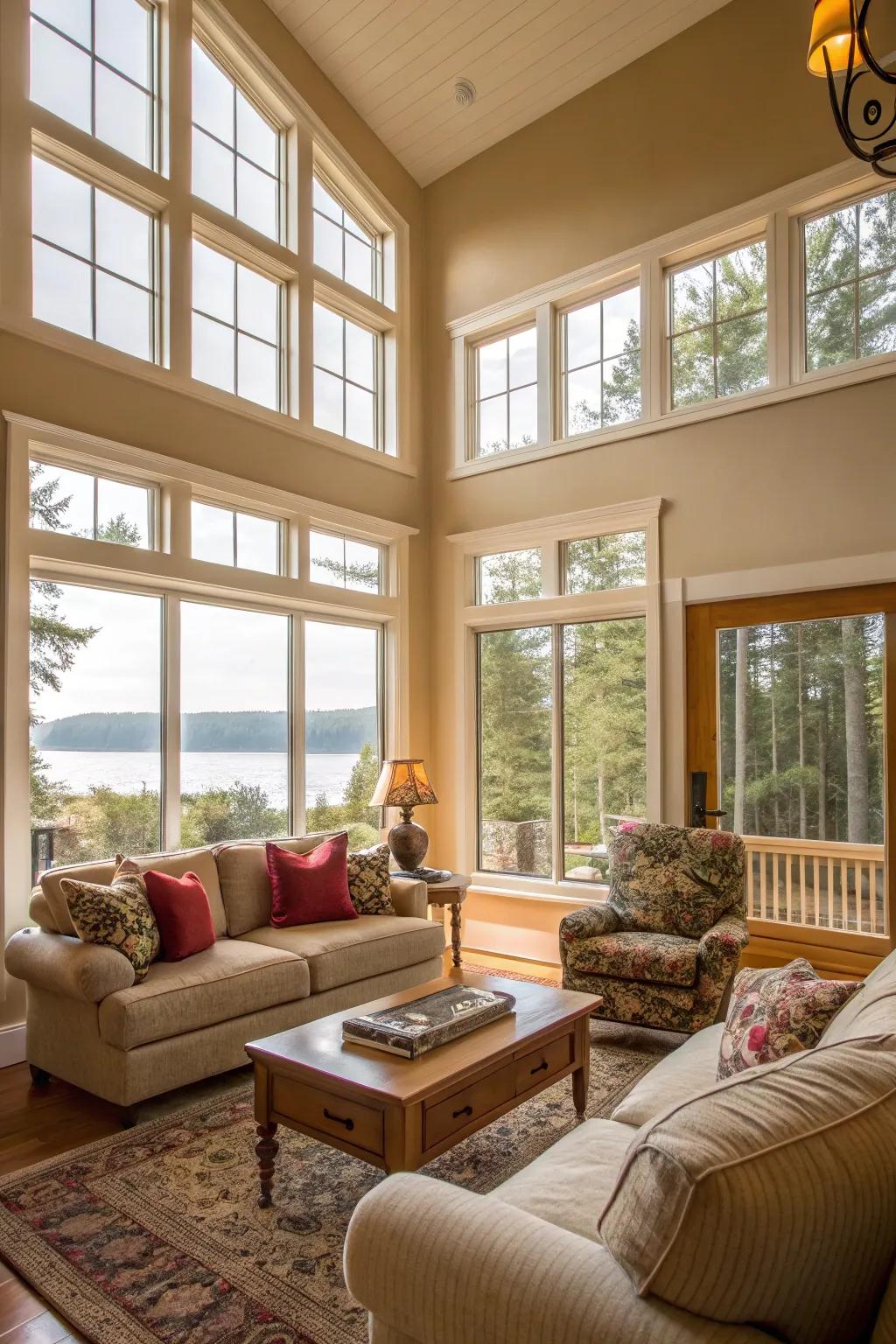 Generous windows light up the upper-level sitting room with sunlight.
