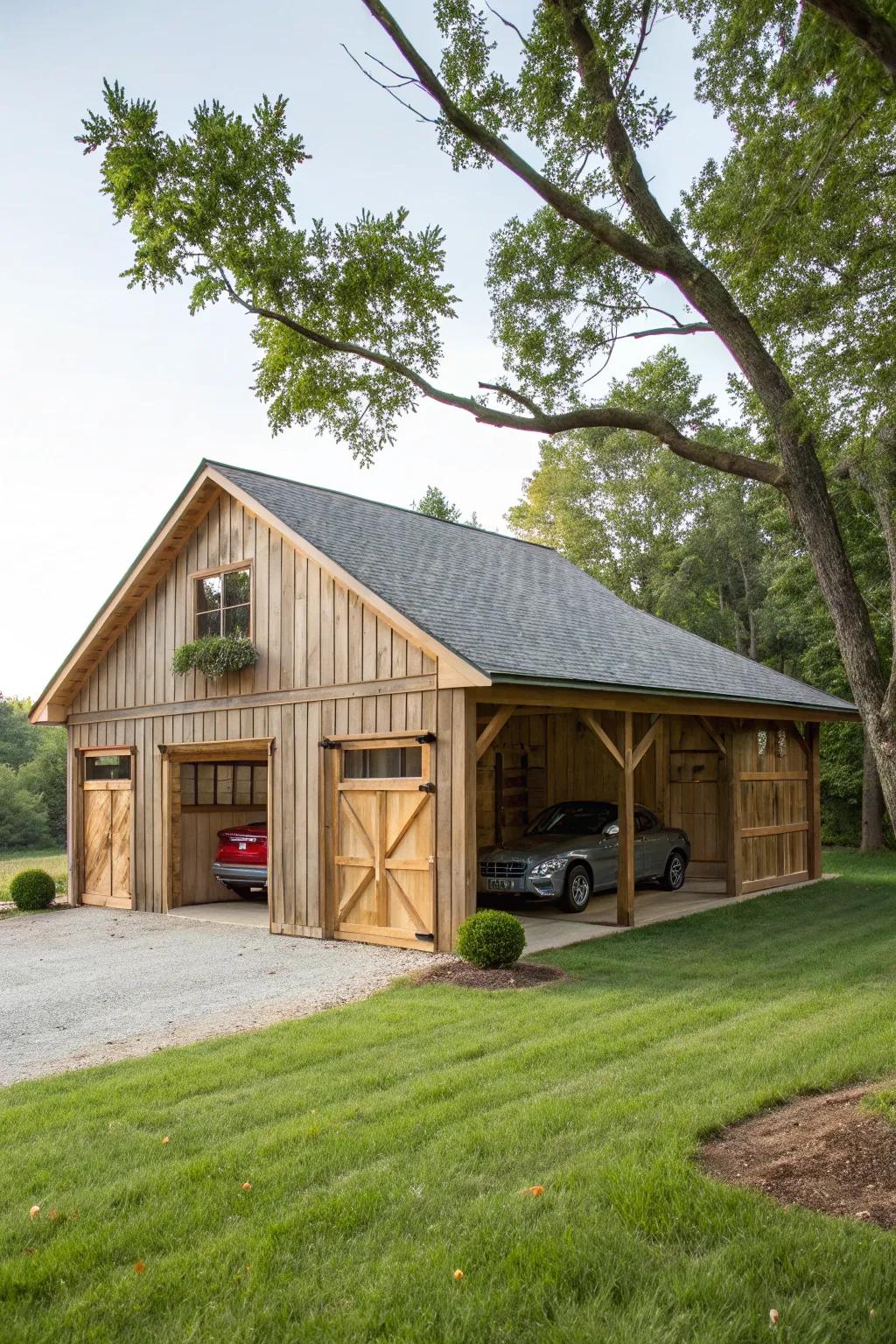 Rustic beauty showcased with a country-style three-car garage.