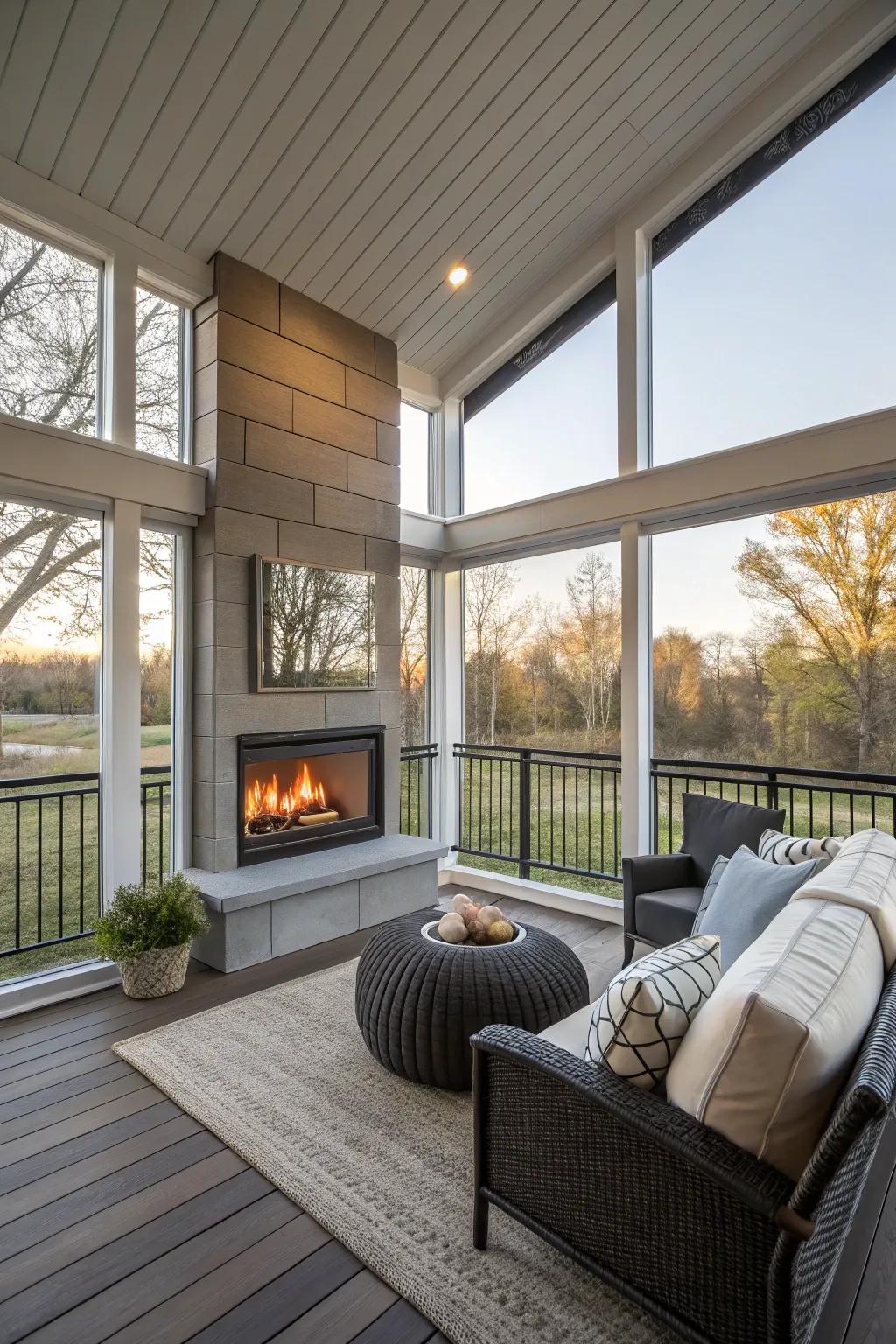 A stylish gas heater adding ambiance to the porch.