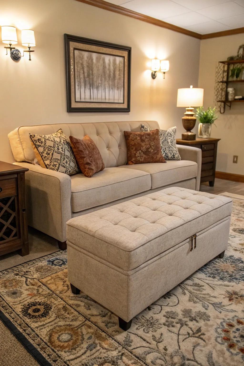 A sofa bed along with a storage ottoman improves the usefulness of this living space.