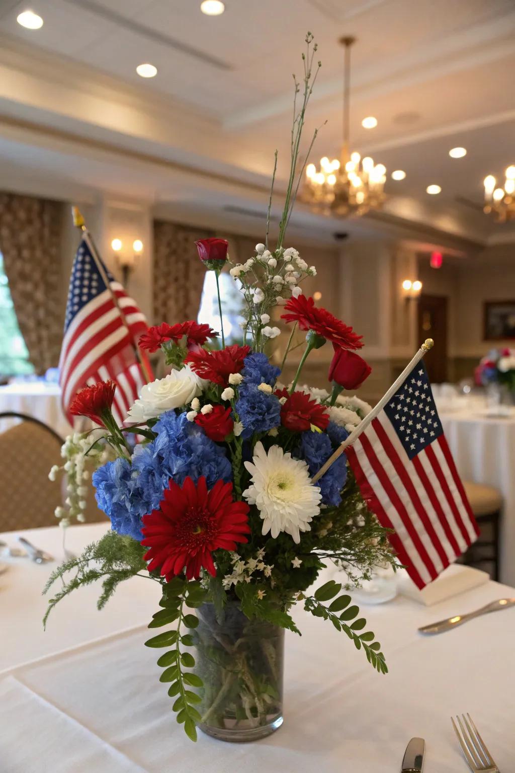 Floral centerpieces featuring flags inject a festive touch into your table.