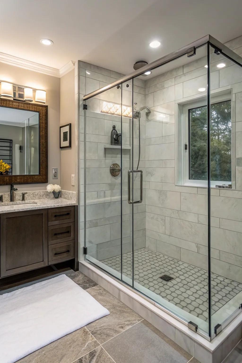 A borderless glass panel amplifies the feeling of spaciousness in a modest shower.