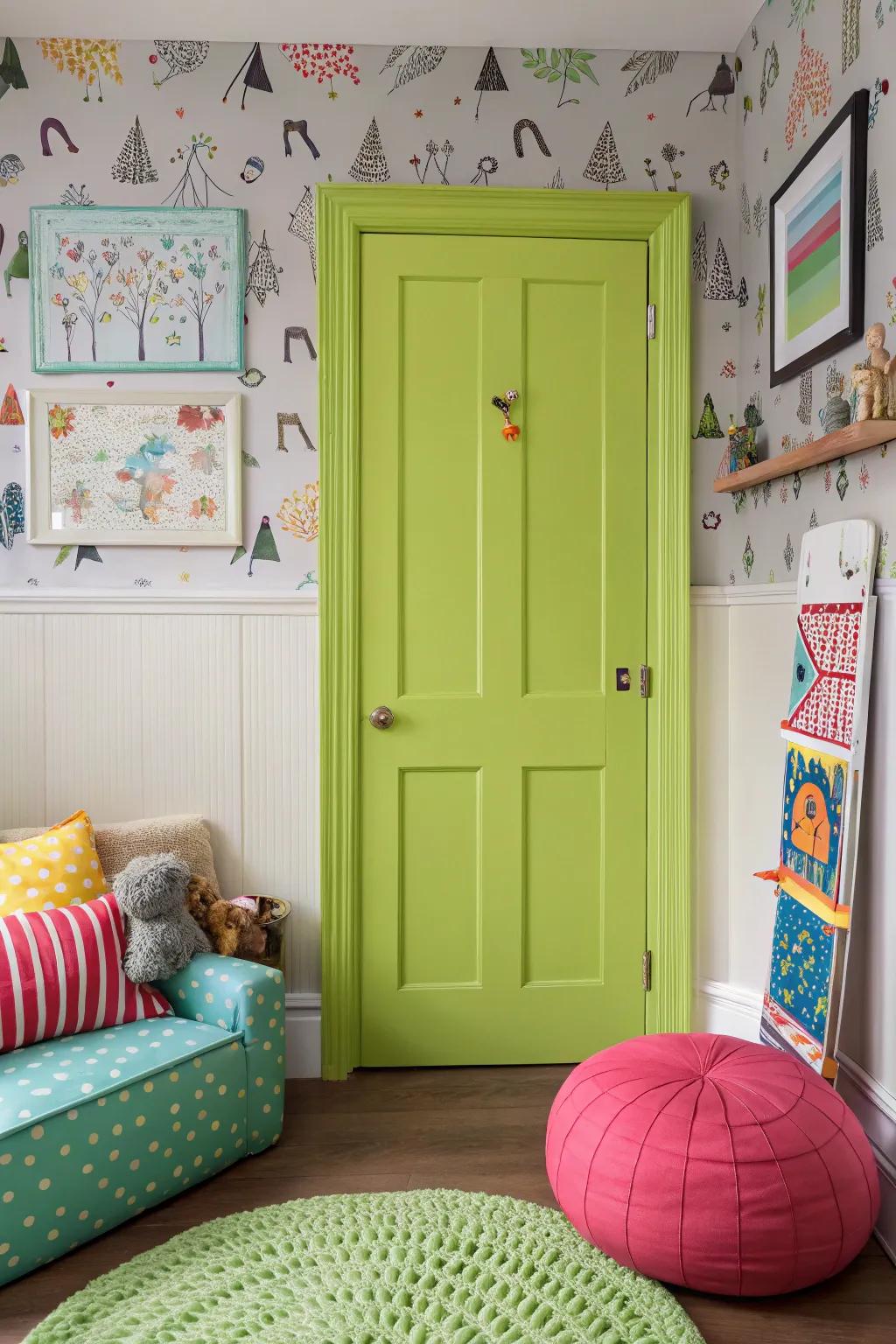 A lime green 6-panel door imparts a lively touch to this playful room.