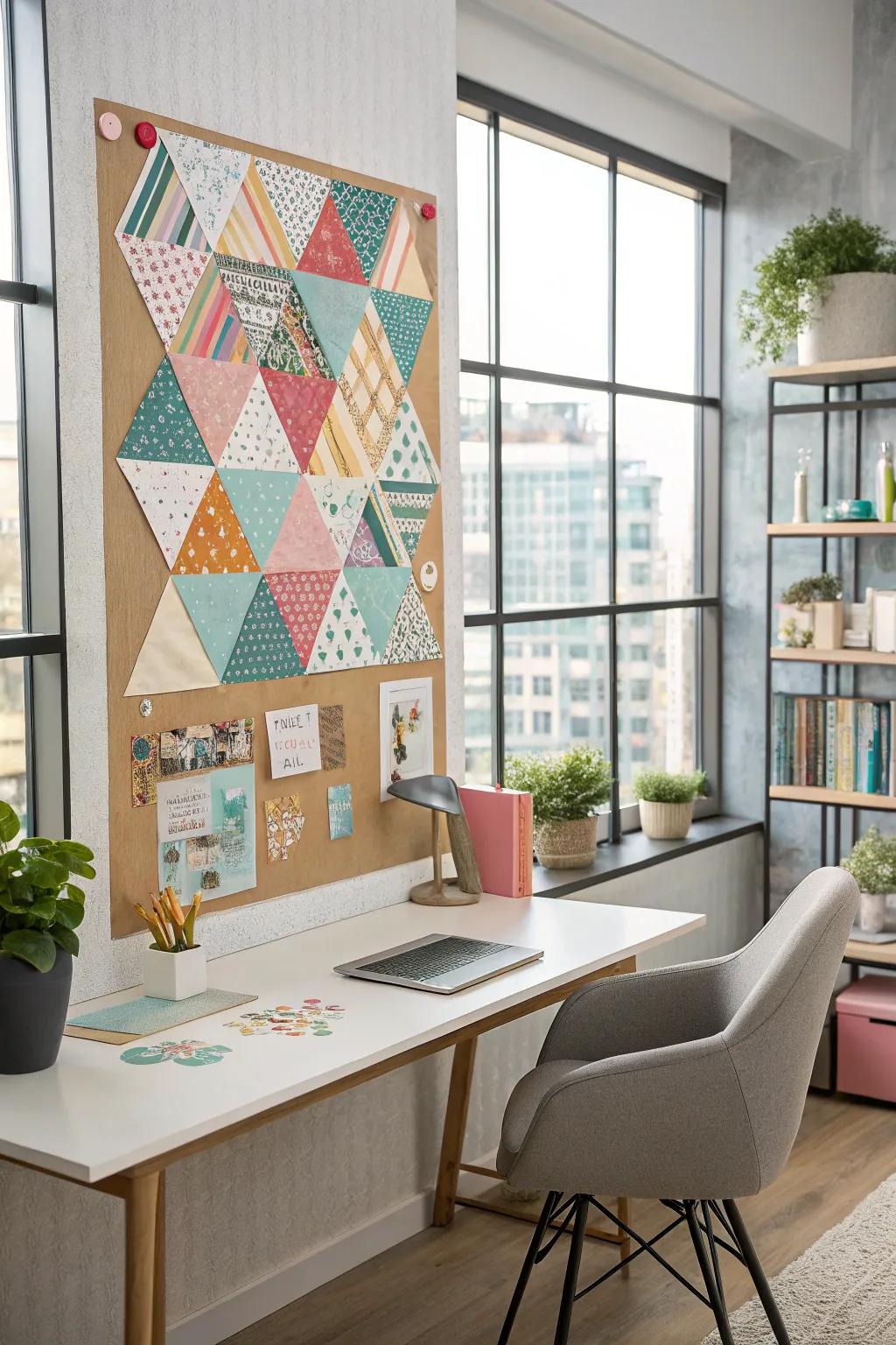 Geometric patterns gracing a pinboard, crafted with lively washi tape.