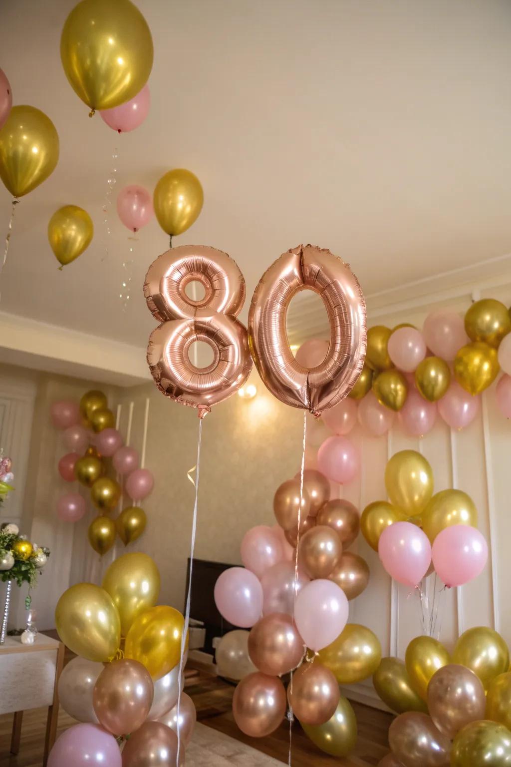 A setting embellished with inflatables in rose and gold, recognizing 80 years.
