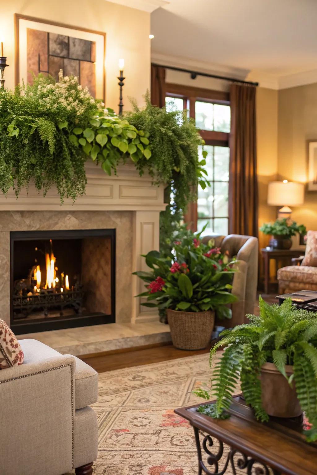 Rich greenery provides a hint of nature and freshness above the fireplace.