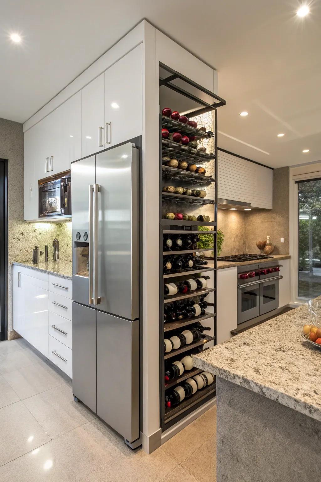 A wine display situated above the refrigerator transforms into a fashionable centerpiece.