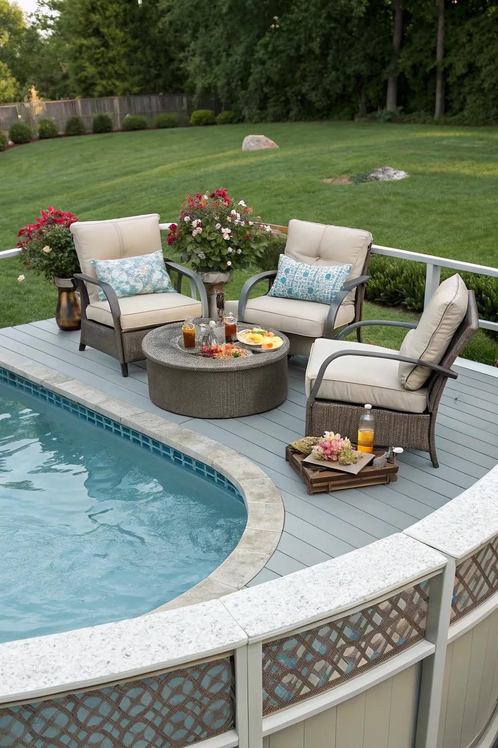 Establish an inviting sanctuary with comfortable seating beside the pool.