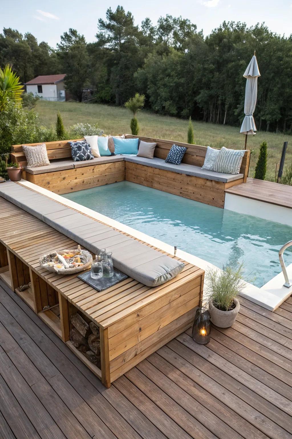 Unwind and connect using combined bench seating on your deck.