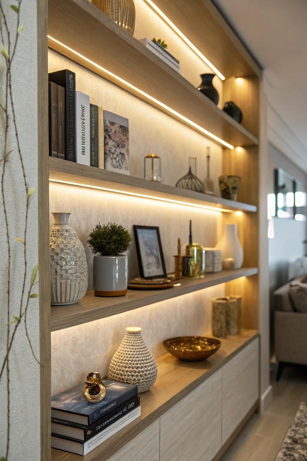 Light-emitting diode strips bring shelving displays to life.