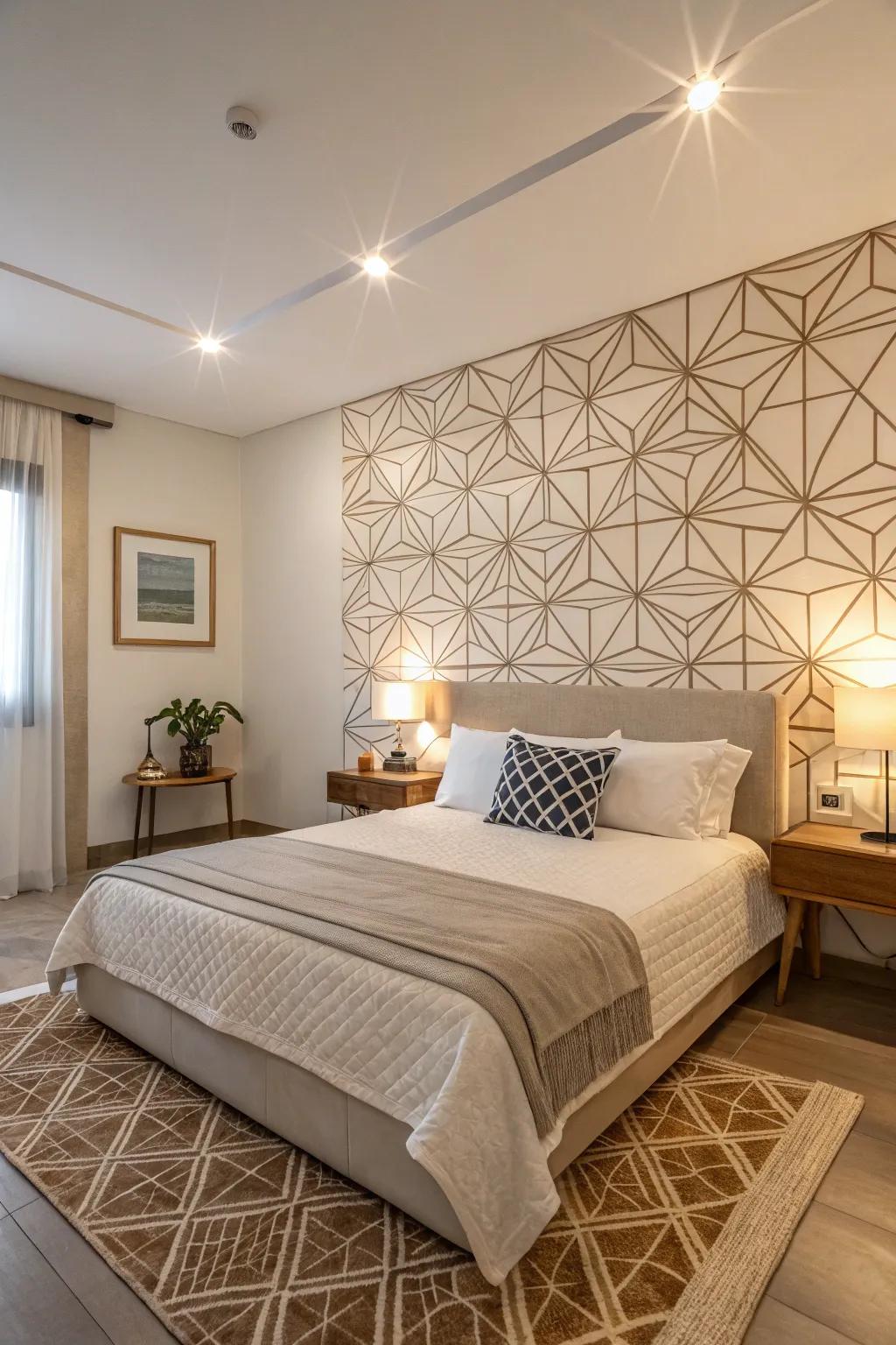 Geometric shapes on the accent wall offer a modern twist to this simple bedroom.