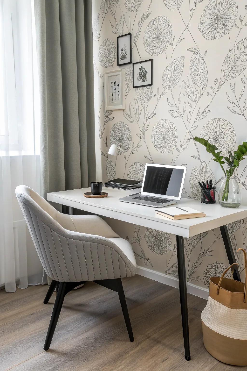 Minimalist wallpaper enhances focus while adding a stylish touch to a home office.
